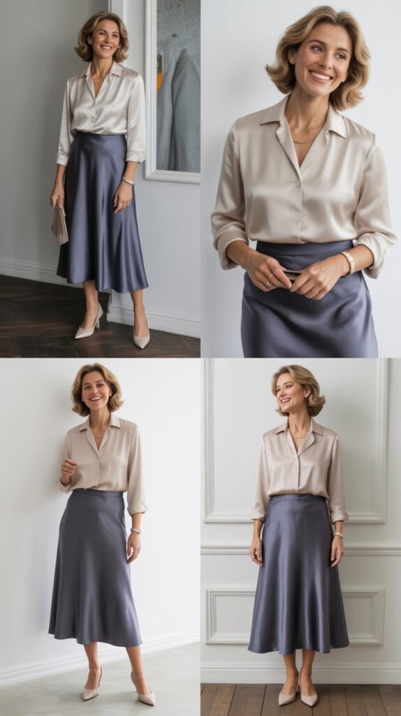 Midi Skirt with Tucked-In Silk Blouse