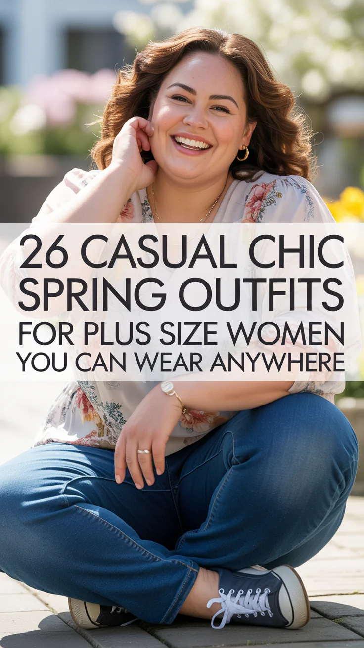 a smiling women with "26 Casual Chic Spring Outfits for Plus Size Women You Can Wear Anywhere" text overlay