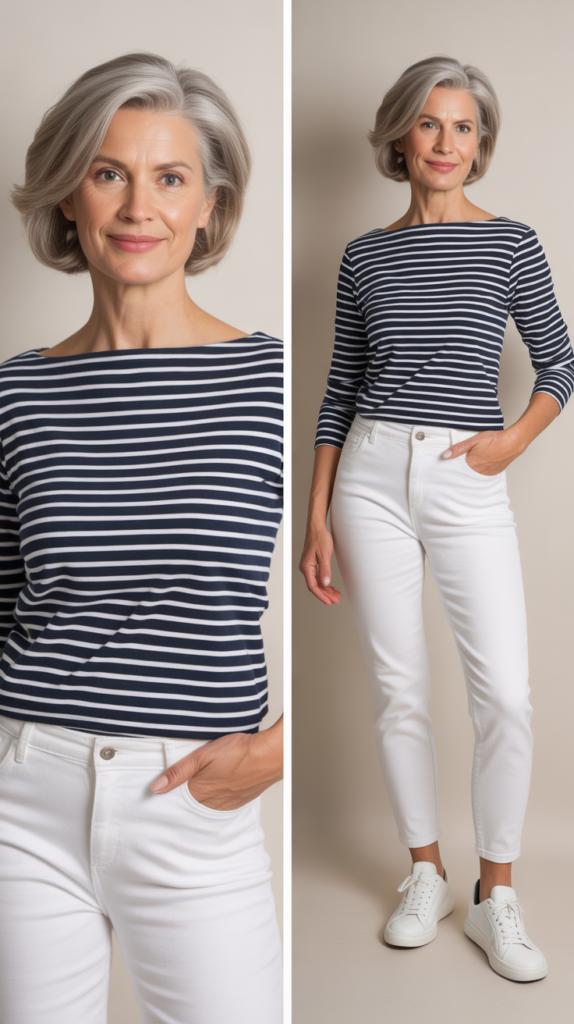  Striped Boatneck Top with White Jeans