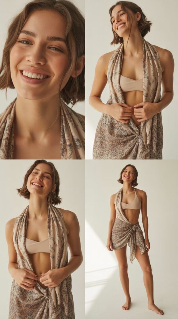  Printed Scarf as Skirt with Solid Bikini Top