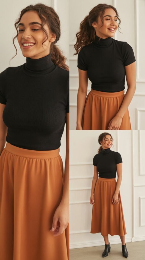 Rust Orange Midi Skirt with Black Turtleneck