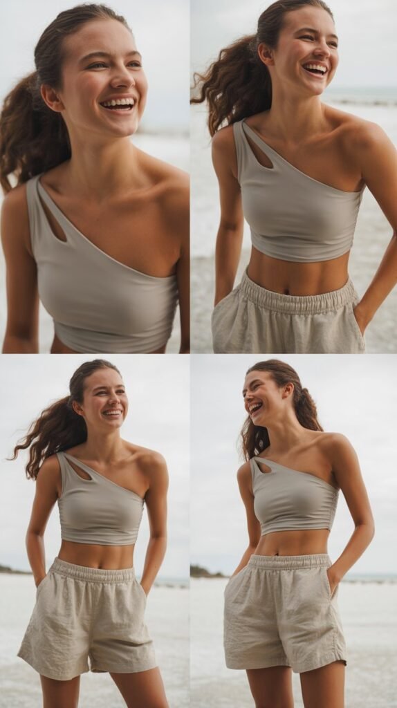 One-Shoulder Swimsuit with Linen Shorts