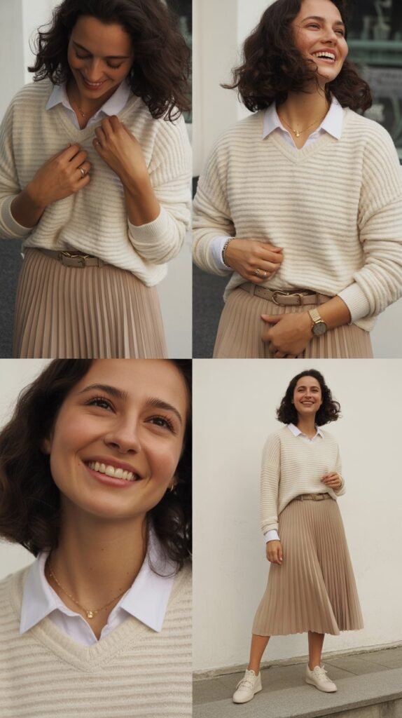  Pleated Midi Skirt with Tucked Sweater