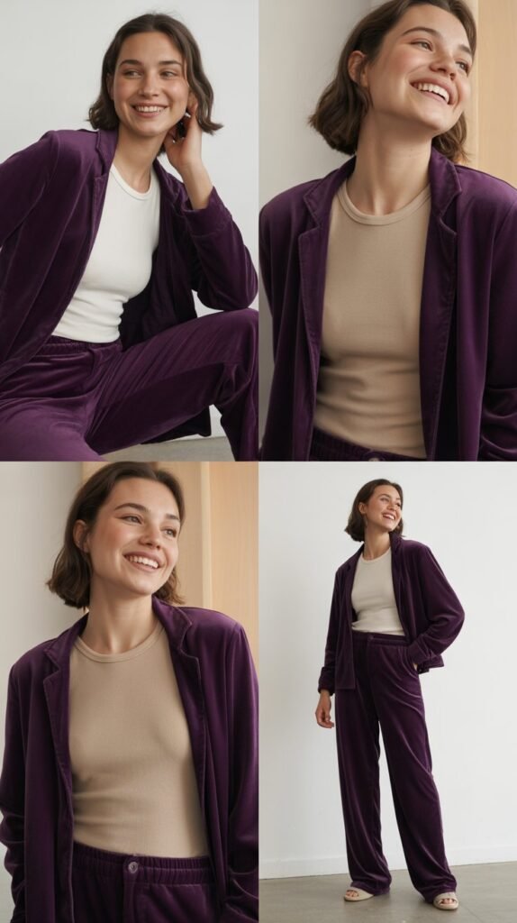 Deep Purple Velvet Pants with Neutral Top