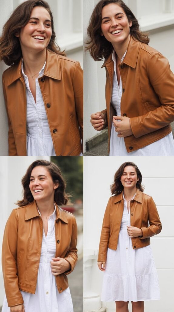 Tan Leather Jacket with White Dress