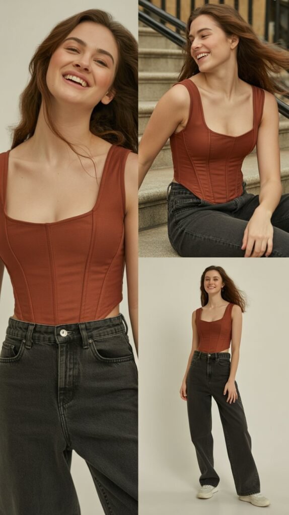 Burnt Sienna Corset Top with High-Waisted Jeans