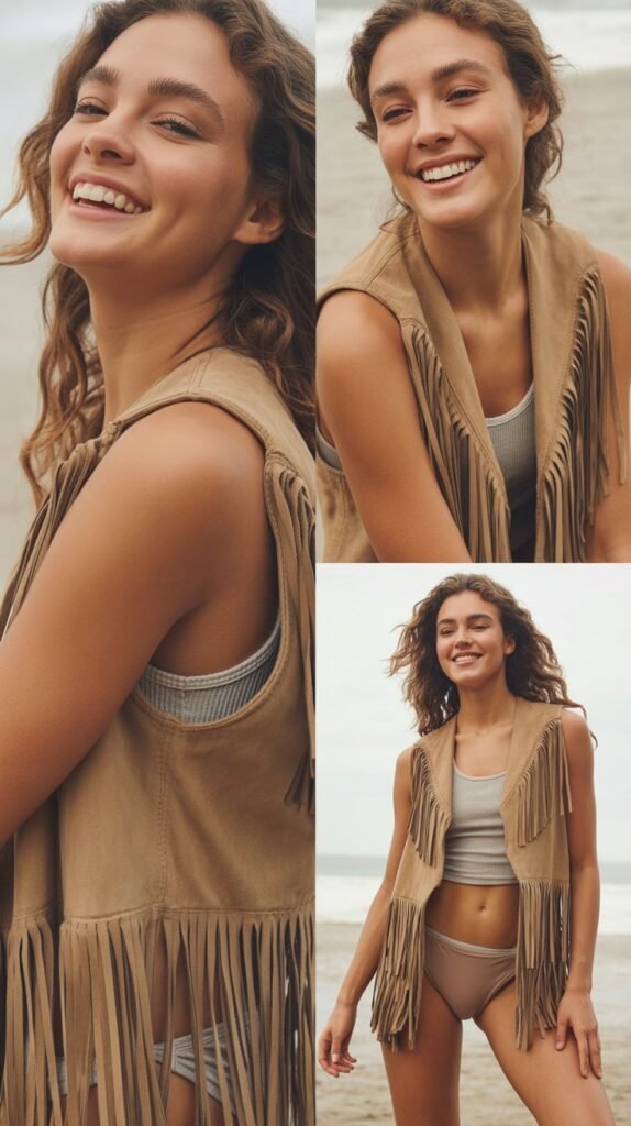 Fringed Vest Over Tank and Bikini Bottom