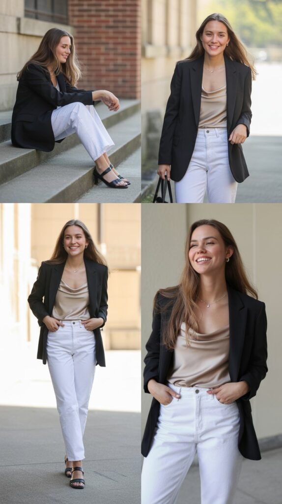  White Jeans with Blazer and Silk Cami
