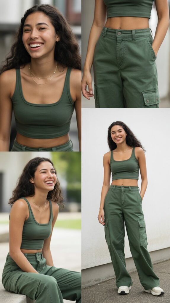 Forest Green Cargo Pants with Crop Top