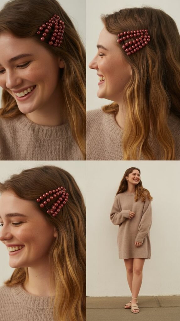 Red Pearl Hair Pins with Sweater Dress