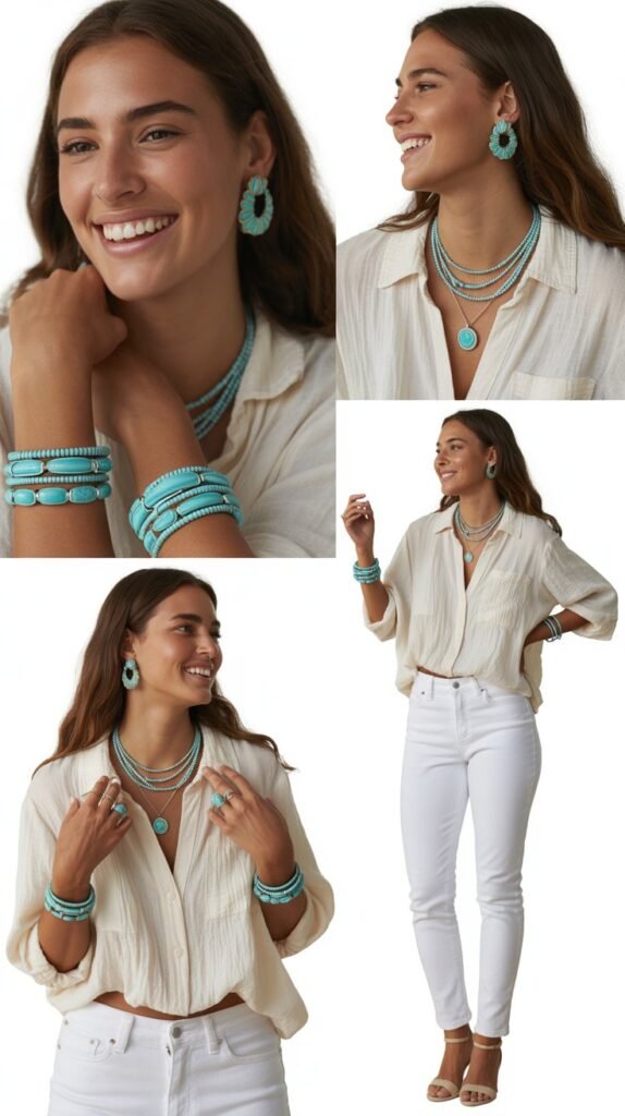 White Jeans with Turquoise Jewelry
