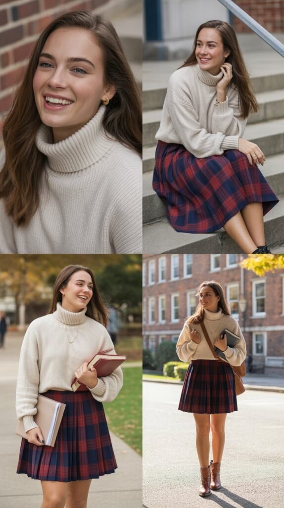 Turtleneck and Plaid Skirt Combination