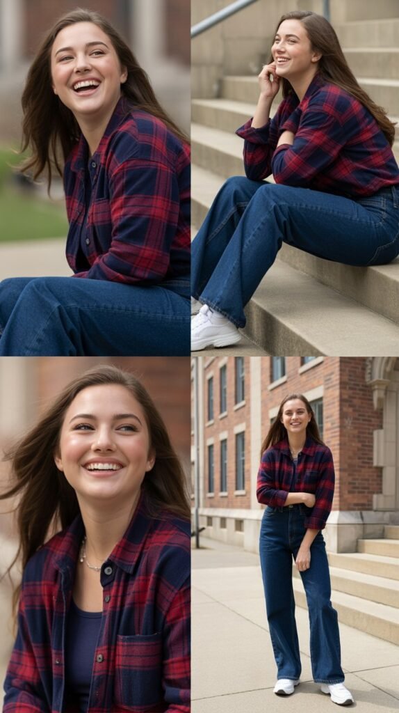  Straight-Leg Jeans with Plaid Shirt