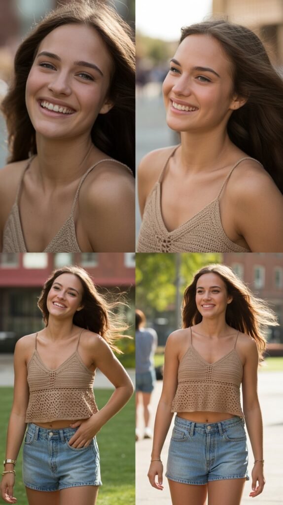  Bohemian Crochet Top with Denim Cutoffs