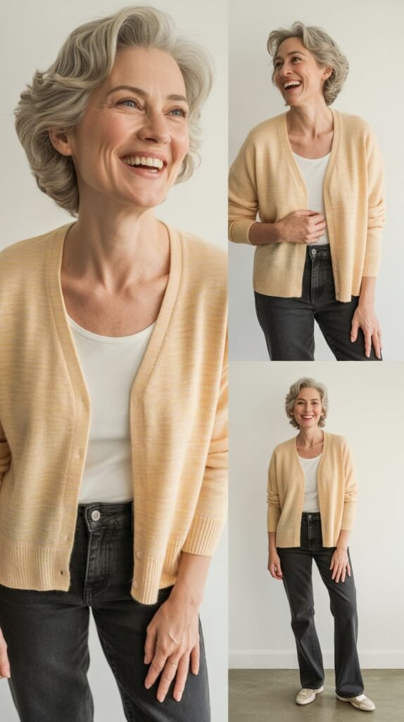  Pastel Cardigan Set with Dark Denim