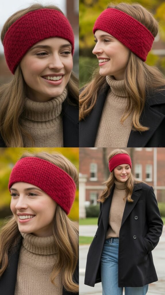 Red Knit Headband with Turtleneck and Coat