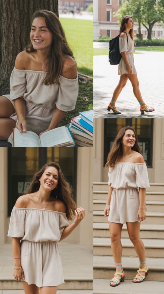 Off-Shoulder Romper with Colorful Sandals