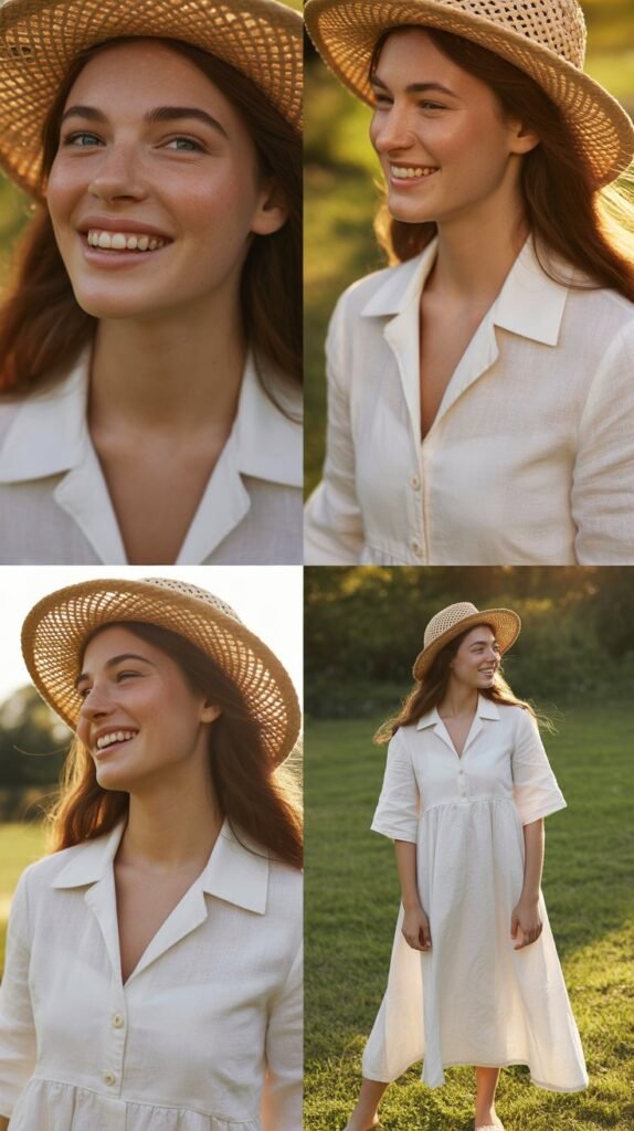 Classic White Linen Dress with Straw Hat