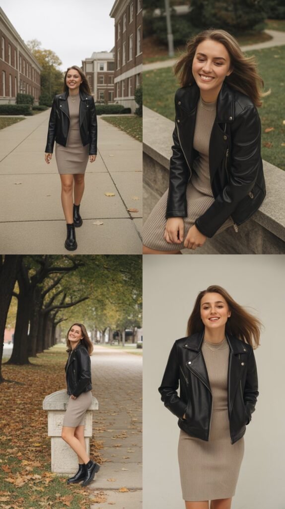 Knit Dress with Leather Jacket