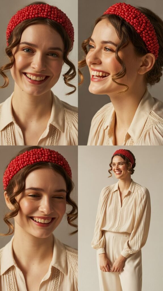 Red Beaded Headband with Vintage Blouse