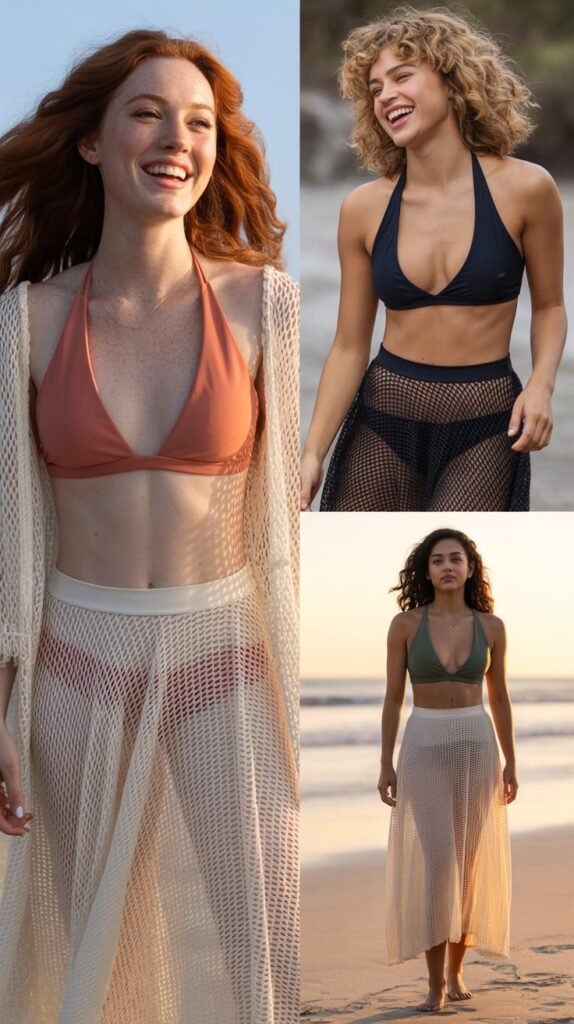 Mesh Beach Skirt Over High-Waisted Bikini