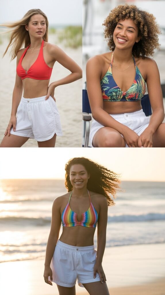  White Shorts with Colorful Bikini Top