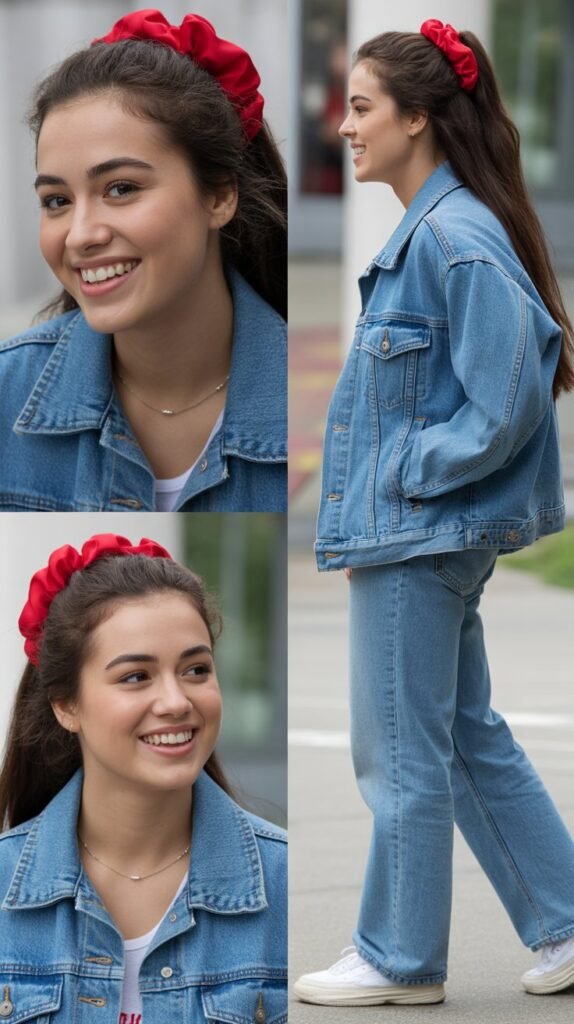 Red Scrunchie with Denim Jacket and Jeans