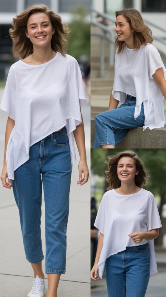 Asymmetric Top with Denim Capris