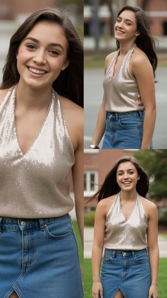 Sequin Halter Top with Denim Skirt