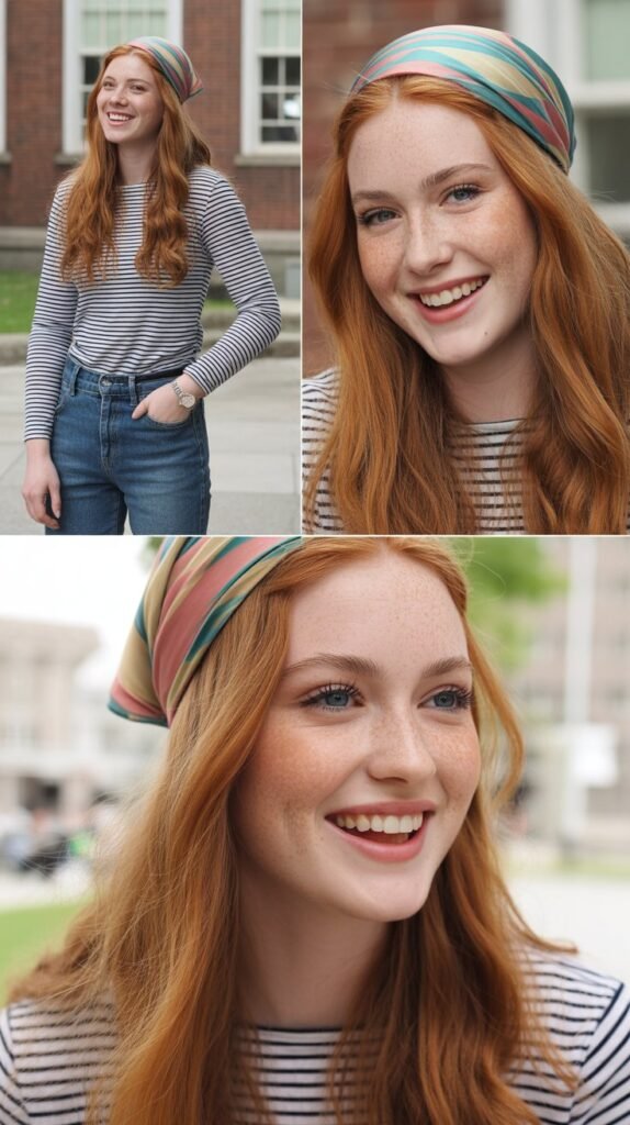 Red Hair Scarf with Striped Shirt