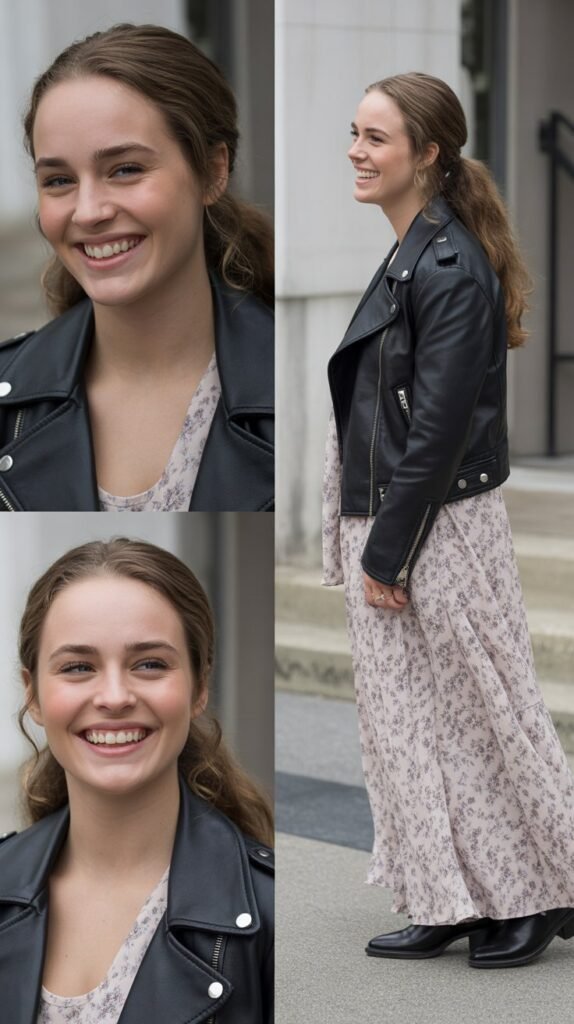  Leather Jacket and Feminine Dress Contrast