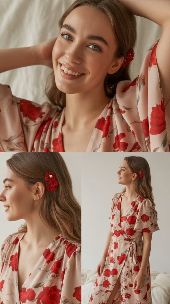 Red Floral Pins with Wrap Dress