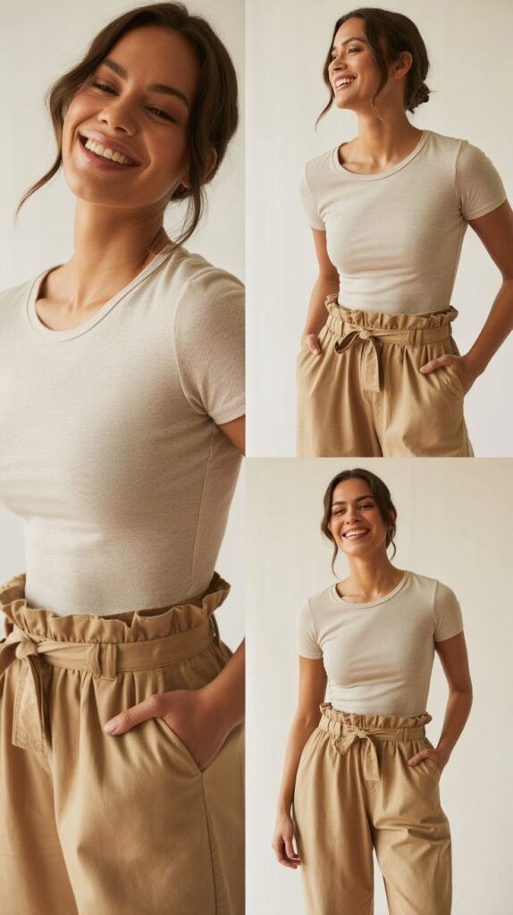 Paper Bag Waist Pants with Simple Tee