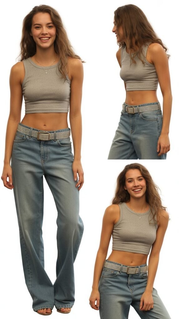 Low-Rise Jeans with Rhinestone Belt and Crop Top