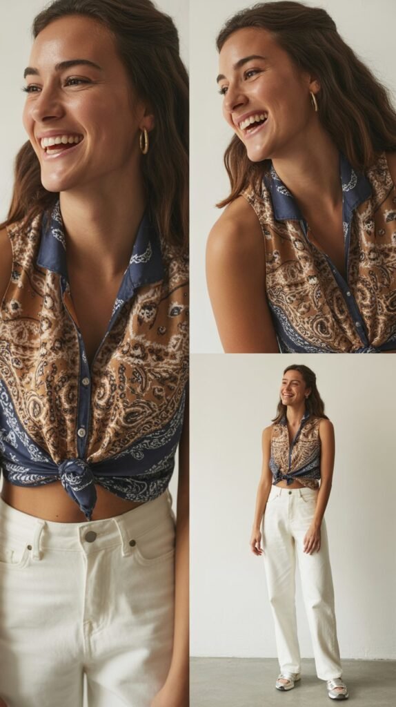 Printed Bandana Top with White Jeans