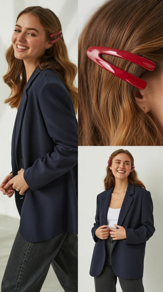 Red Claw Clip with Blazer and Jeans