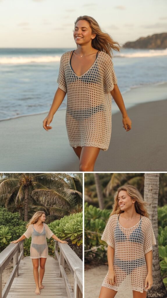  Crochet Cover-Up Dress Over String Bikini