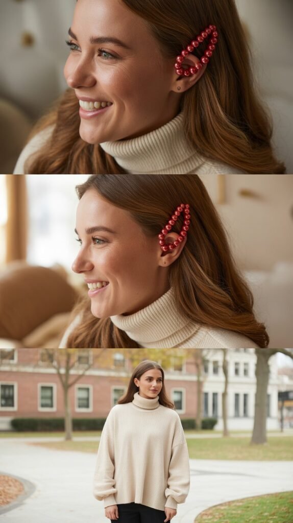 Red Pearl Clip with Turtleneck Sweater