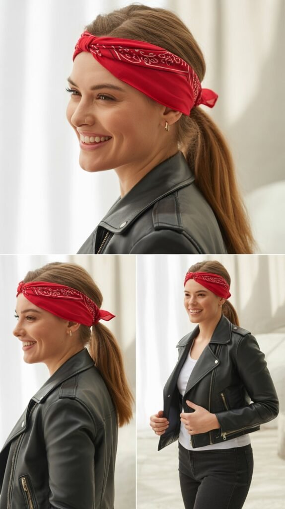 Red Bandana Ponytail Wrap with Leather Jacket