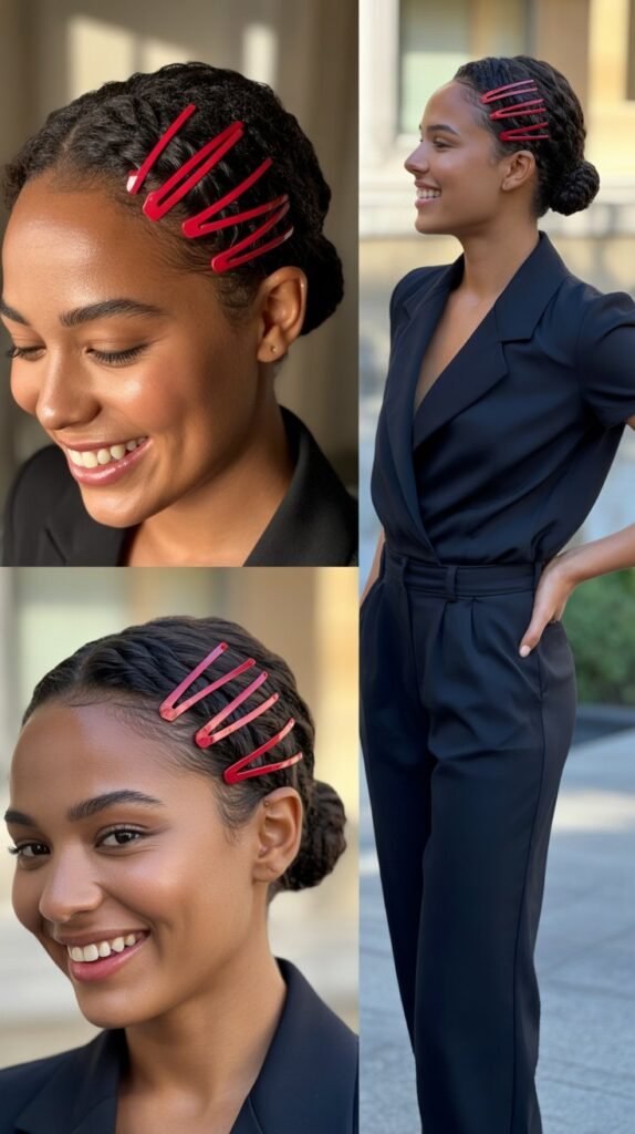 Red Bobby Pins with Sleek Bun and Jumpsuit