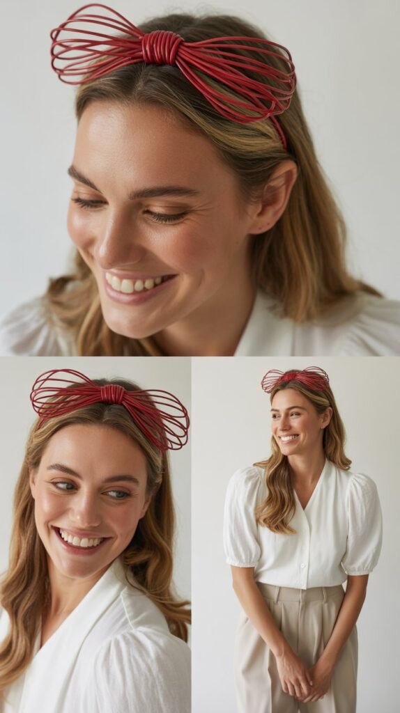 Red Wire Bow Headband with Puff-Sleeve Top