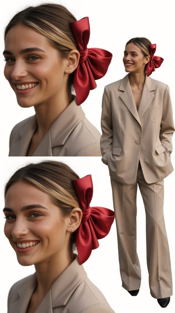 Red Satin Bow Barrette with Blazer and Trousers