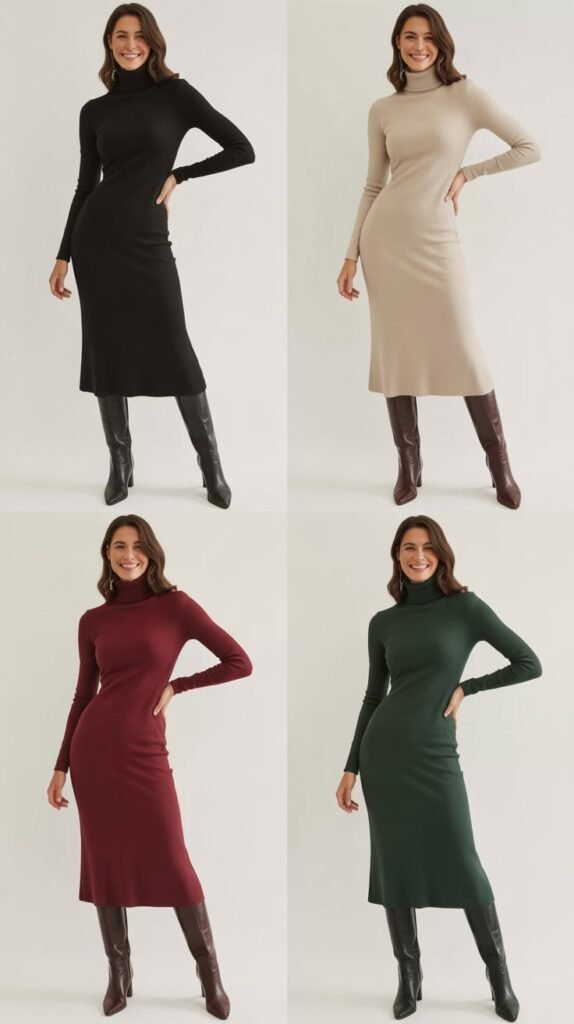 Turtleneck Midi Dresses with Knee-High Boots