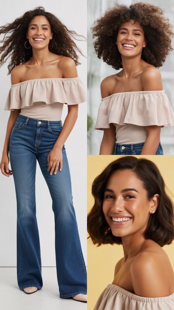 Ruffled Off-Shoulder Top with Bootcut Jeans