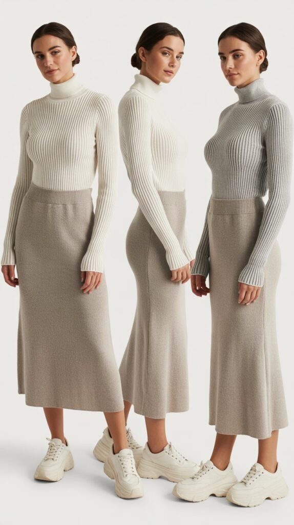 Knit Midi Skirt with Turtleneck and Chunky Sneakers