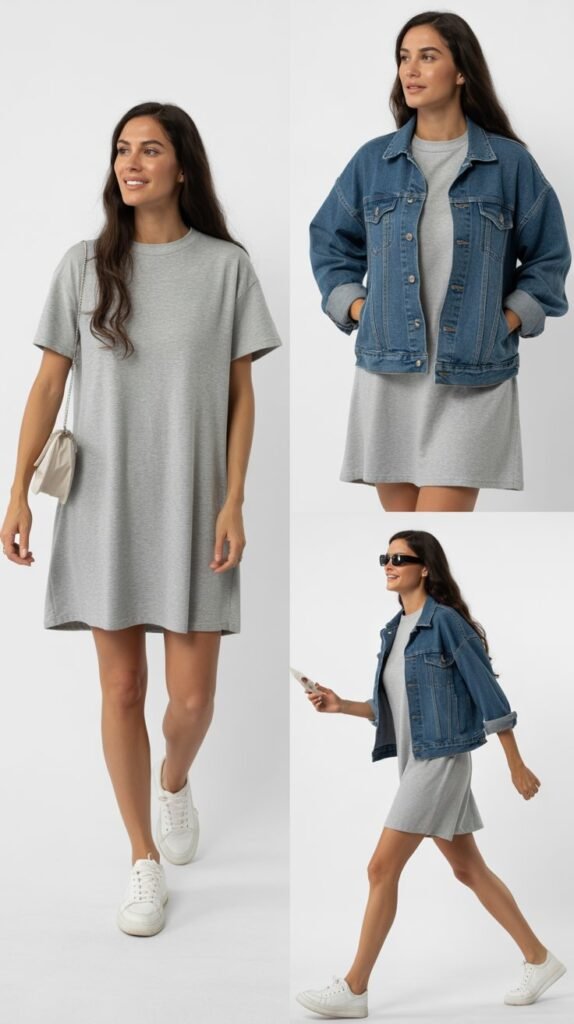 T-Shirt Dress With Sneakers And Denim Jacket