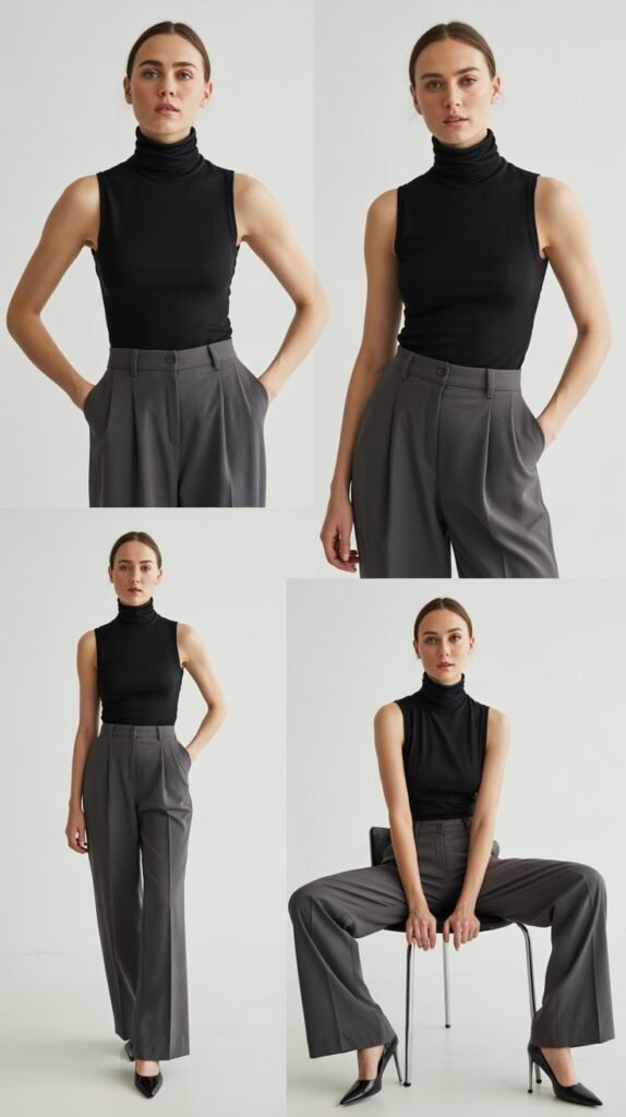 Sleeveless Turtleneck with High-Waisted Trousers