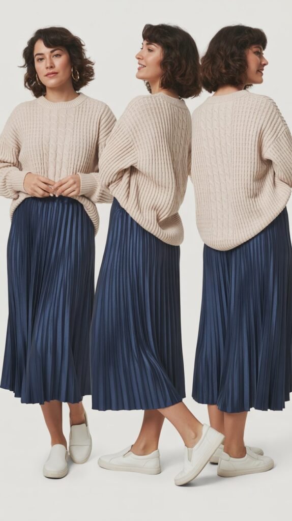 Pleated Skirt with Knit Top and Slip-On Sneakers