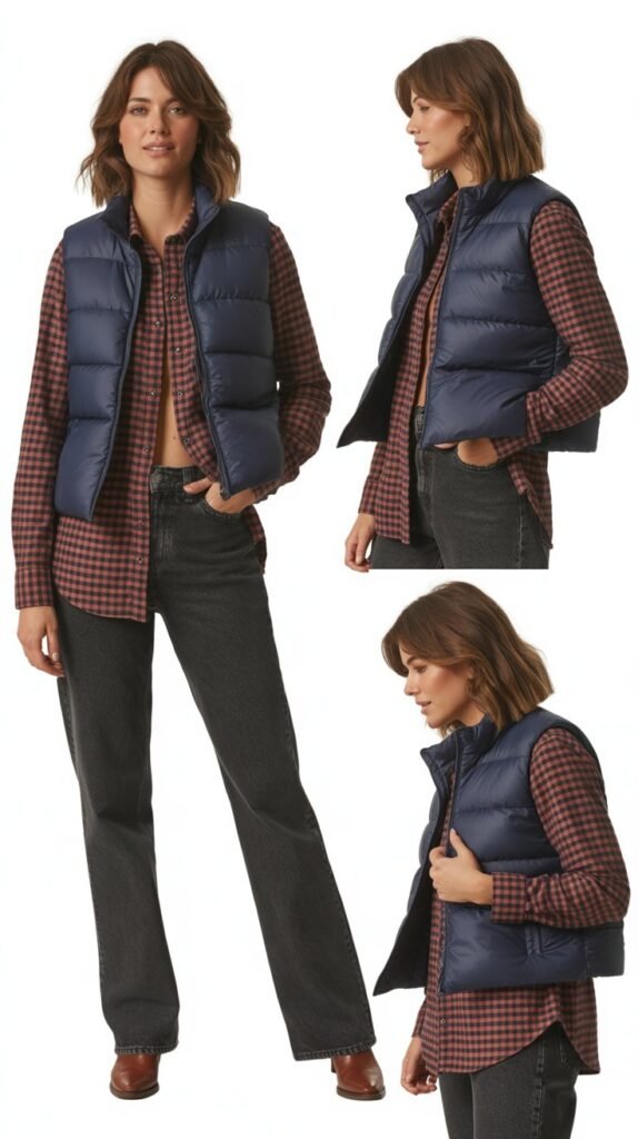 Puffer Vest Over Flannel with Jeans