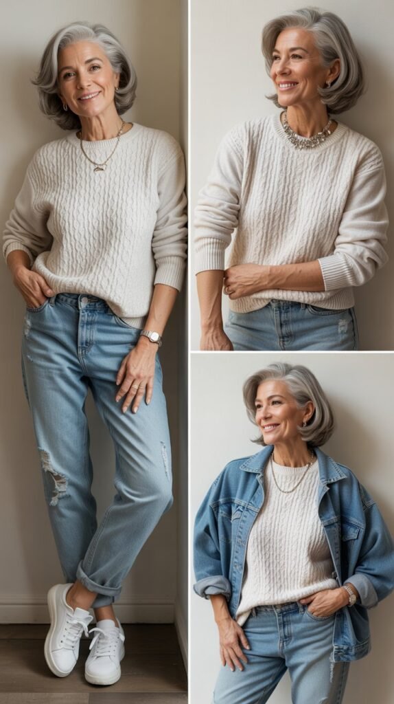 Textured Pullover with Relaxed Boyfriend Jeans